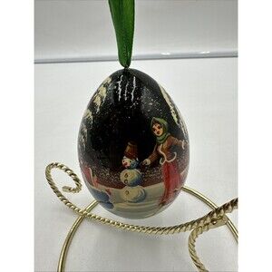 RUSSIAN HAND PAINTED WOOD LACQUER EGG SNOWMAN CHRISTMAS TREE ORNAMENT 2.5”